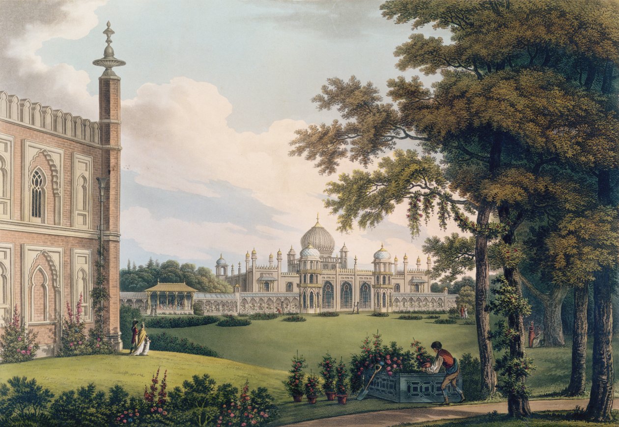 Brightonský pavilon zobrazující zahrady, vyrytý Josephem Constantine Stadlerem od Humphry Repton