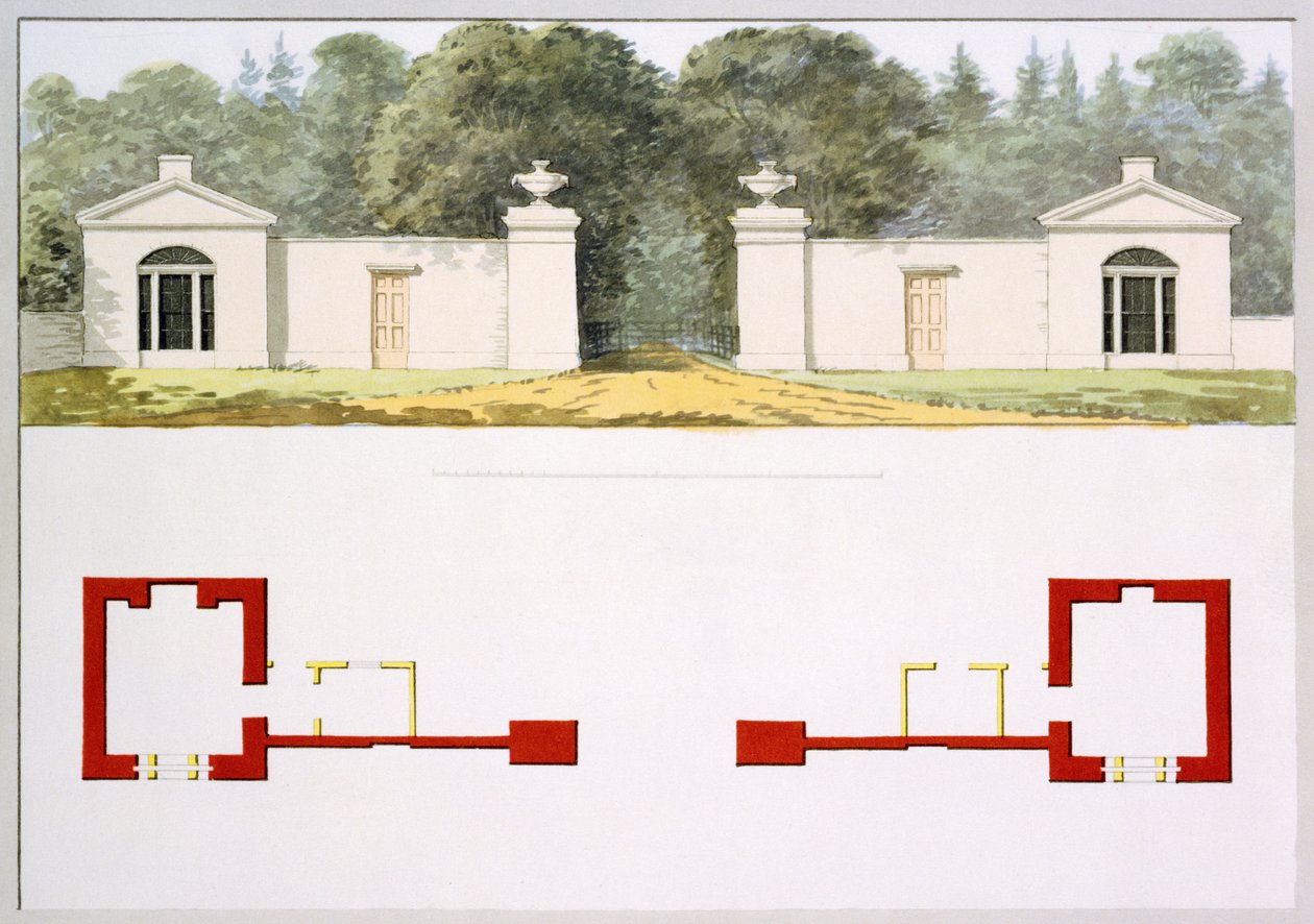 Nárys a půdorysy navrhované nové vstupní brány a lóží, z Červené knihy pro Antony House, c.1812 (wc na papíře) od Humphry Repton