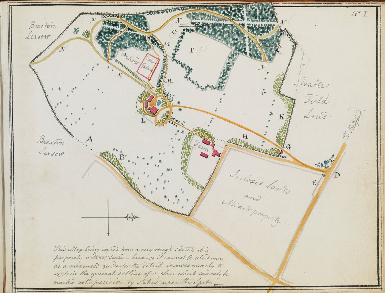 Mapa z "Red Books", pro "Mogenhanger v Bedfordshire, sídlo Godfrey Thornton Esq.", 1792 od Humphry Repton