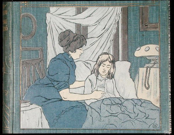 Matka pečující o nemocnou dceru, z obálky rodinné lékařské knihy, kolem roku 1900 (barevné lito) od Hungarian School