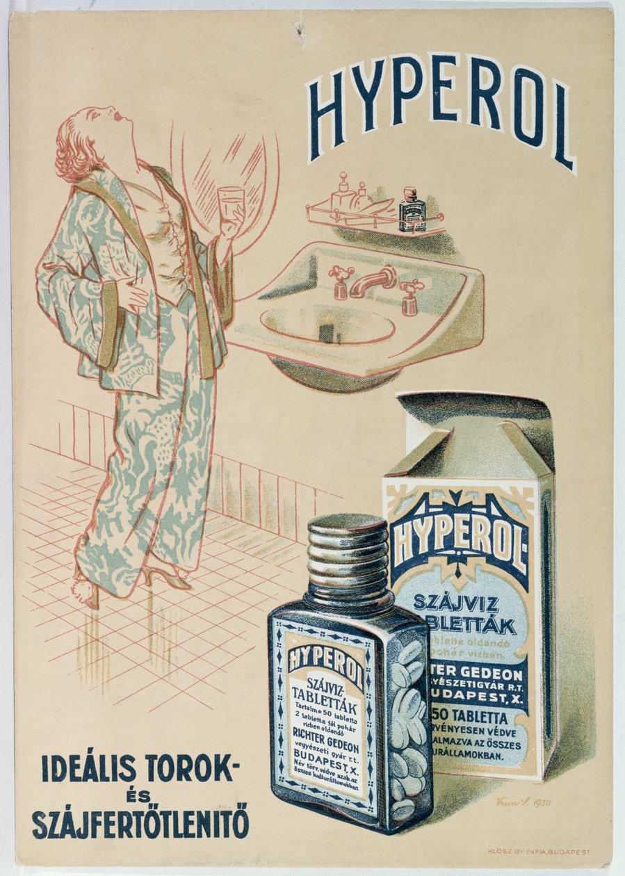 Reklama na tabletu ústní vody Hyperol, 1930 od Hungarian School