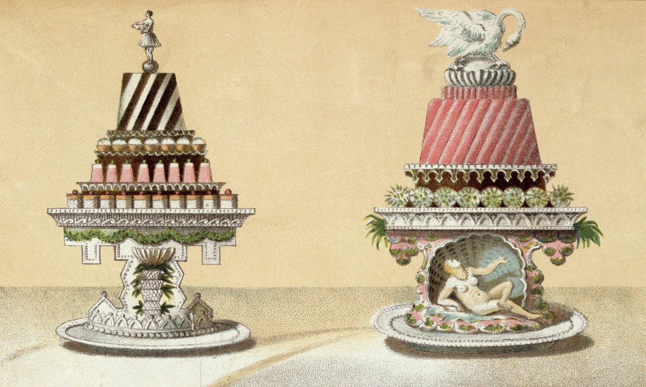 Návrh pro prezentaci Charlottes a la Reine & Pain de Framboises a la Leda, ilustrace z maďarské kuchařské knihy o francouzské kuchyni, kolem roku 1880 od Hungarian School