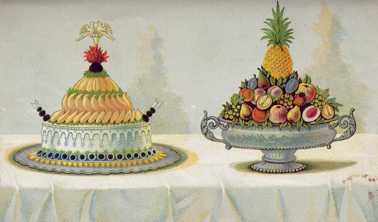 Návrh na prezentaci slepičího kuřete s majonézou a aspikem na lůžku z másla, ledu a ovoce, ilustrace z maďarské kuchařské knihy o francouzské kuchyni, kolem roku 1880 od Hungarian School
