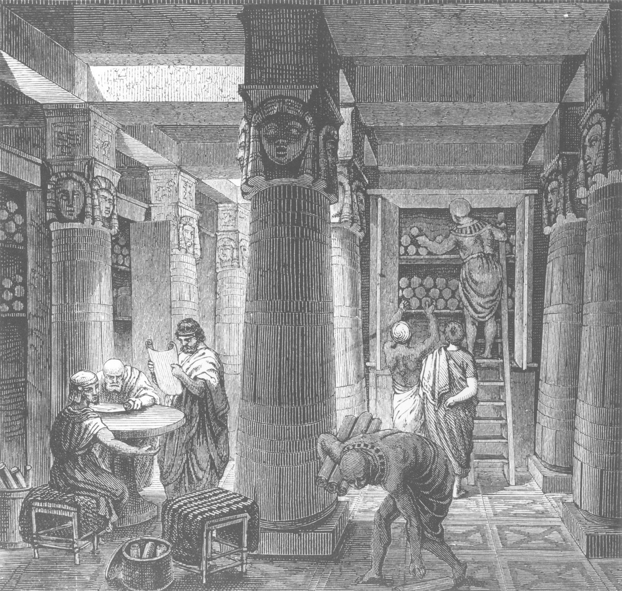 Imaginární obnova Ptolemaiovy knihovny v Alexandrii, Egypt, z Histoire Generale des Peuples, 1880 od Hungarian School