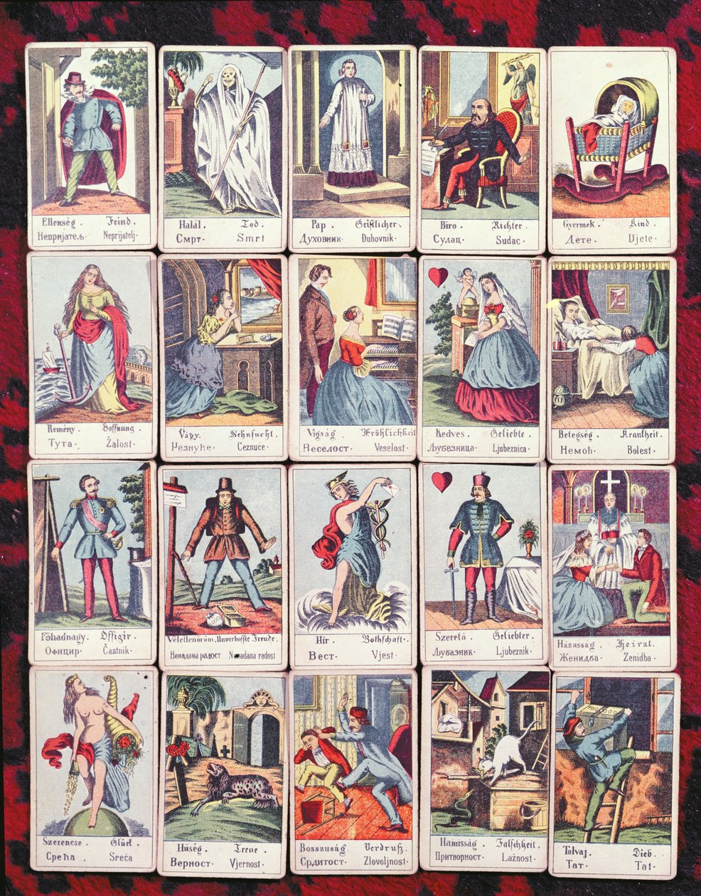 LeNormandské karty ve čtyřech jazycích (maďarština, němčina, srbština a chorvatština), konec 19. století od Hungarian School