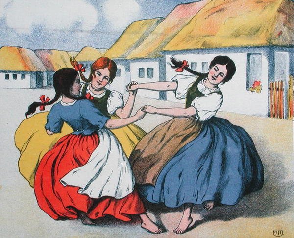 Selský tanec. ilustrace z partitury písní Arpáda Baláža, asi 1910 (barevná litografie) od Hungarian School