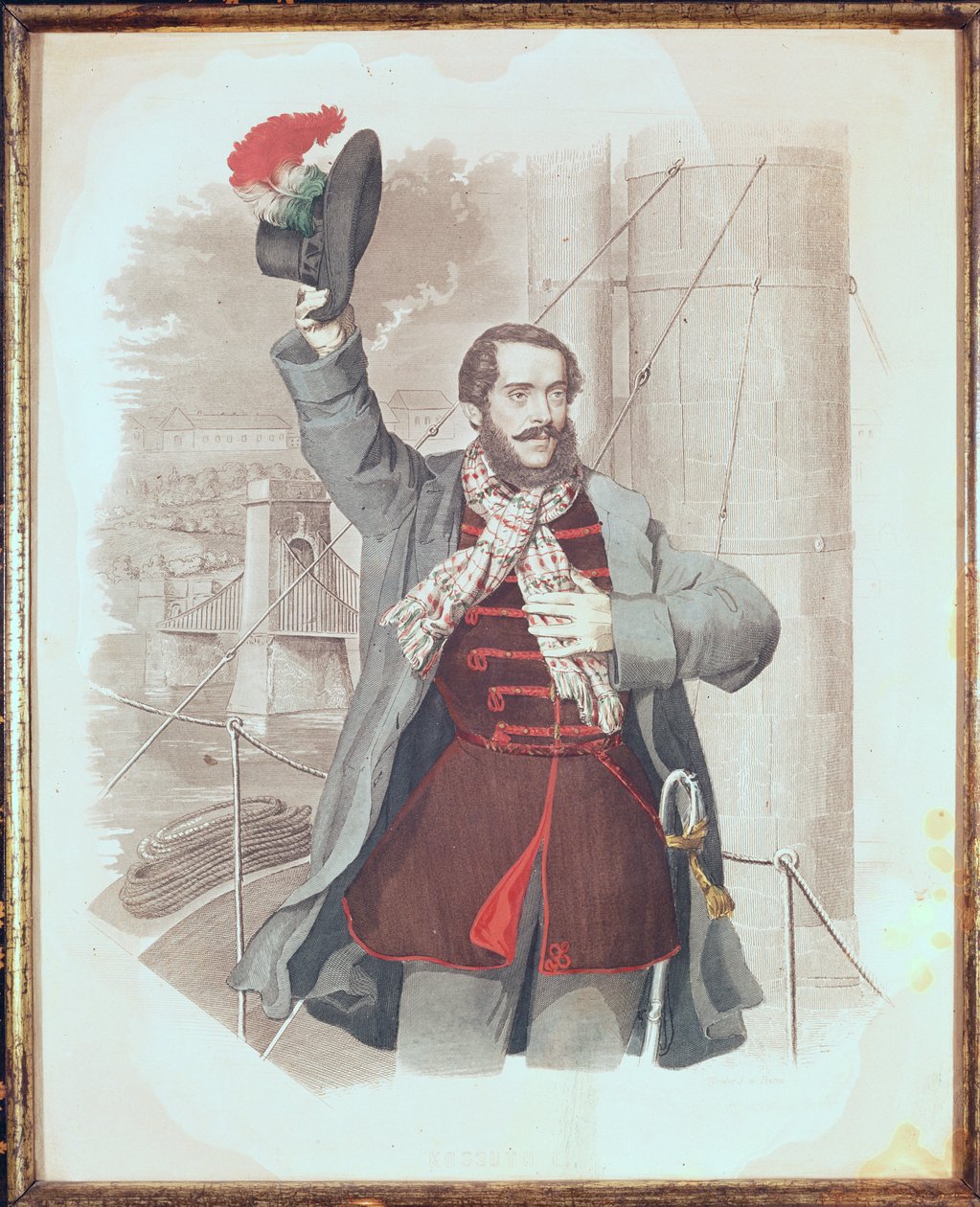 Portrét Lajose Kossutha (1802-94) u Řetězového mostu v Budapešti, 1849 od Hungarian School