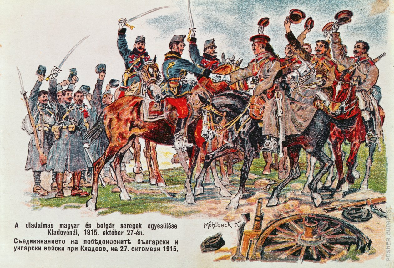 Pohlednice zachycující setkání maďarské a bulharské armády 27. října 1915 u Kladova, 1915 od Hungarian School