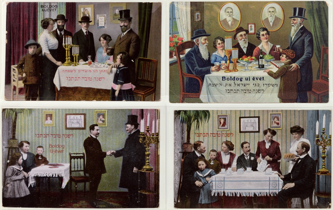 Pohlednice zobrazující židovskou rodinu v Roš ha-šana od Hungarian School