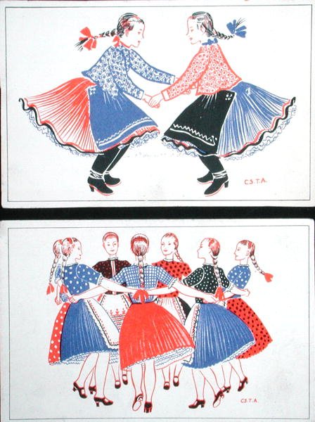 Pohlednice zobrazující tradiční maďarské tance, cca 1947-8 (barevné lito) od Hungarian School