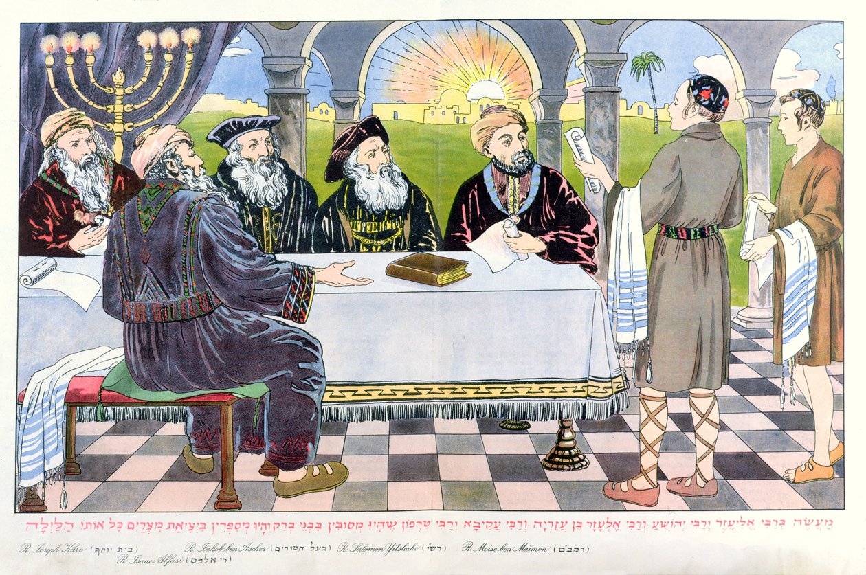 Učenci u stolu Maimonides z velikonoční Hagady od Hungarian School