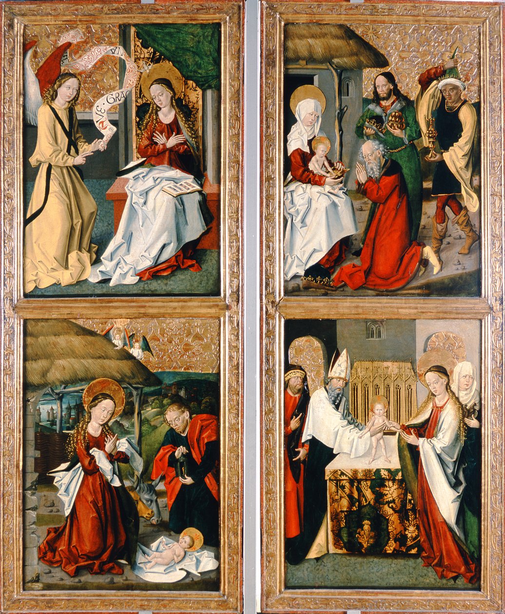 Zvěstování, Narození Krista, Klanění tří králů a představení v chrámu ze Szepeshelyho oltáře, 1480-90 od Hungarian School