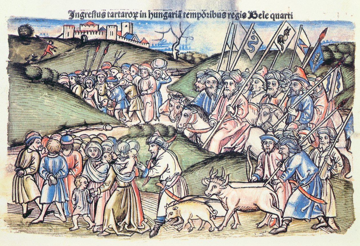 Mongolská invaze do Uher v roce 1241 za vlády Bély IV originální barevné dřevorytiny) od Hungarian School