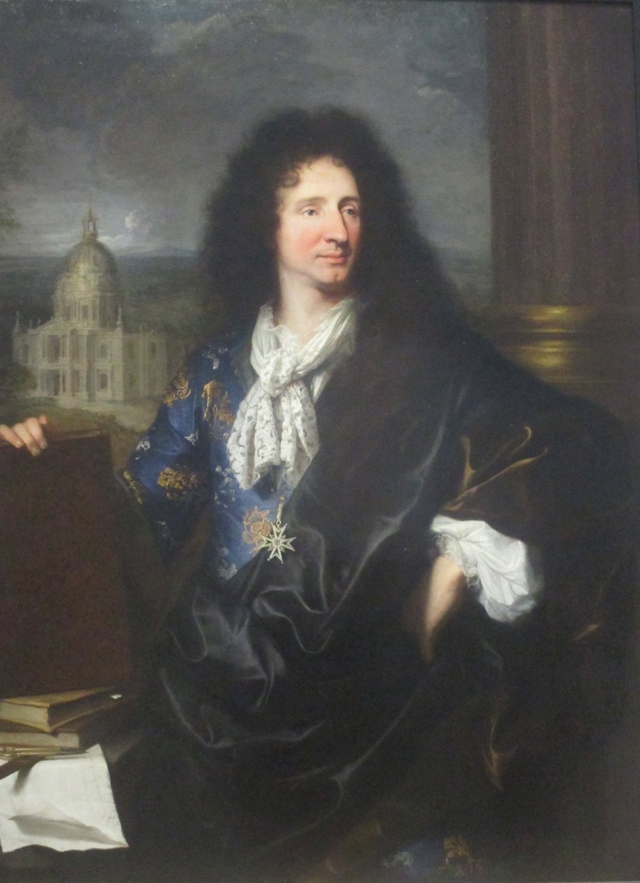 Portrét Julese Hardouina-Mansarta, architekta francouzského krále Ludvíka XIV. (1643-1715) od Hyacinthe Francois Rigaud