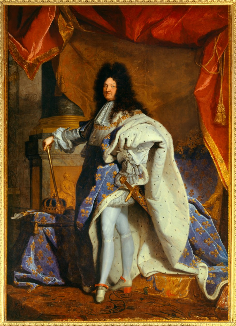 Celovečerní portrét Ludvíka XIV. (1638-1715) 63 let ve velkolepém královském kostýmu Obraz z dílny Hyacintha Rigauda (1659-1743) od Hyacinthe (studio of) Rigaud