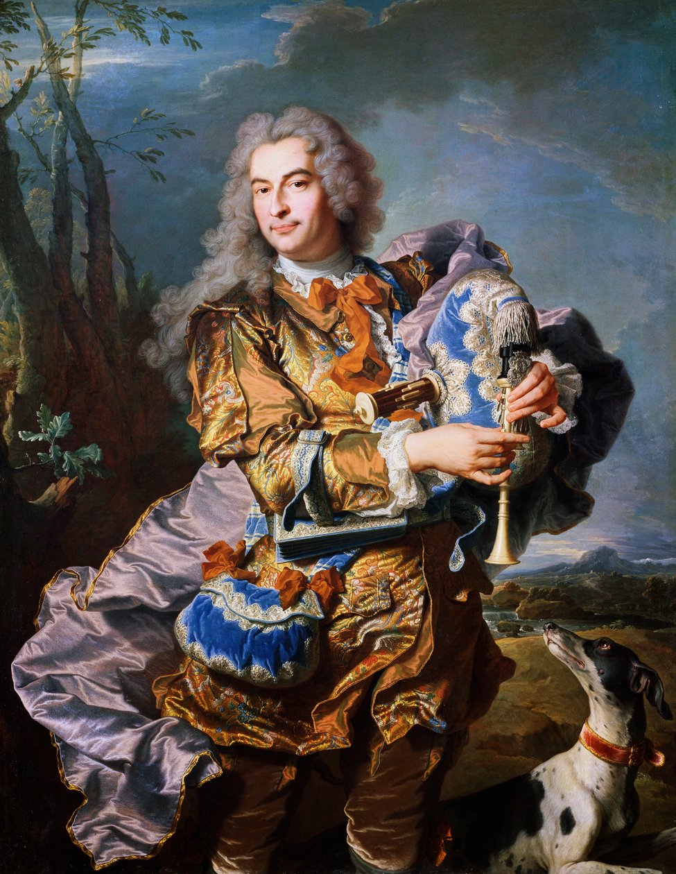 Gaspard de Gueidan hrající na dudy, cca 1735, Hyacinthe Rigaud (1659-1743), olej na plátně. Detail. Francie od Hyacinthe Francois Rigaud