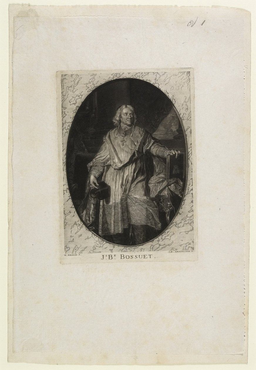 J.B. Bossuet (pěší), vyrytý Jean-Baptiste de Grateloup, 1771 (mezzotinta, akvatinta a suchá jehla na chine collé) od Hyacinthe Francois Rigaud