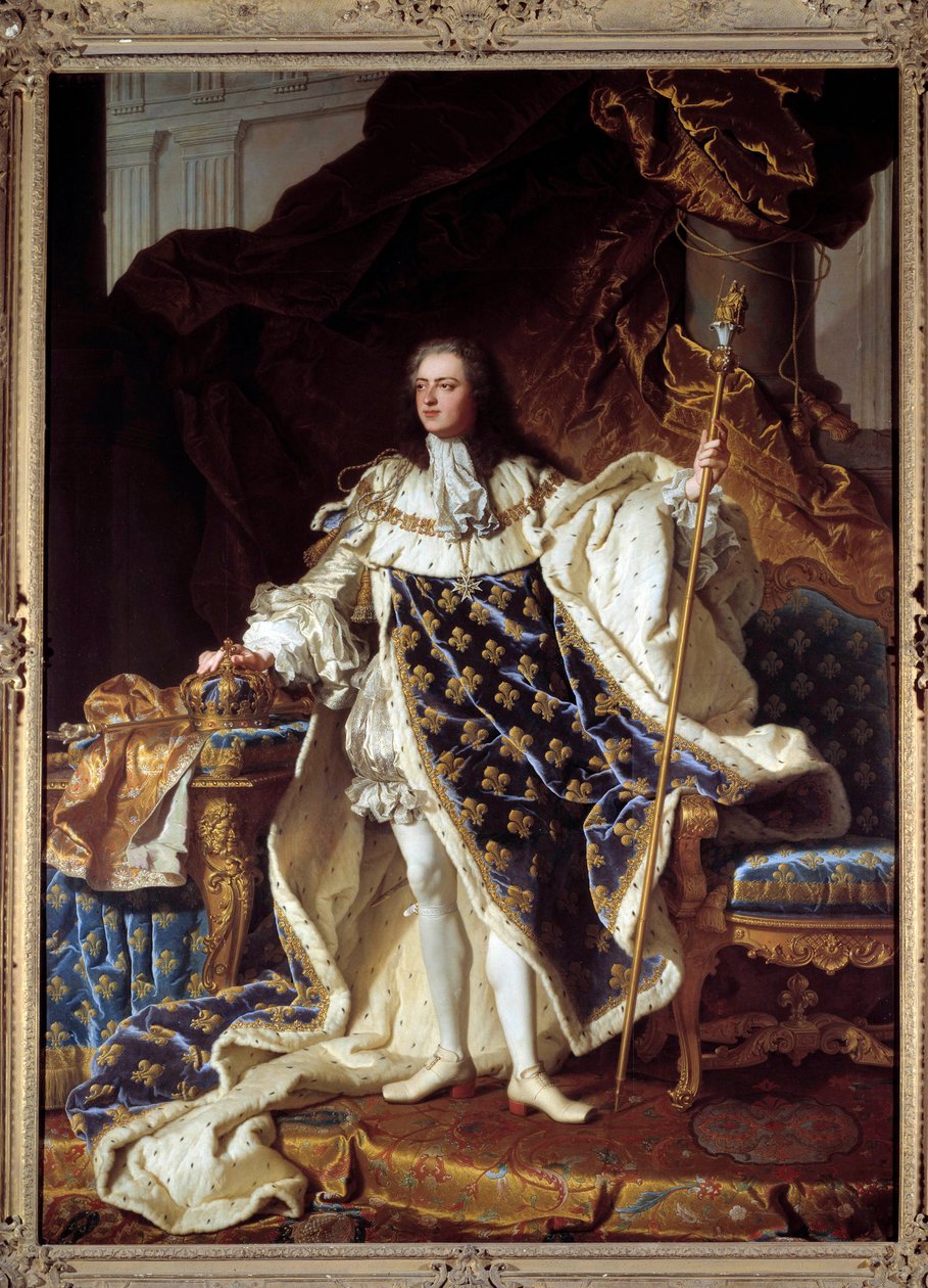 Celovečerní portrét Ludvíka XV. v kostýmu Corre (1710-1774) Obraz Hyacinthe Rigaud (1659-1743). 1730. Rozměr 2,71 x 1,94m. Versailles, musee du Chateau - Celovečerní portrét Ludvíka XV. v korunovačních róbách (1710-1774). Obraz Hyacinthe Rigaud ( od Hyacinthe Francois Rigaud