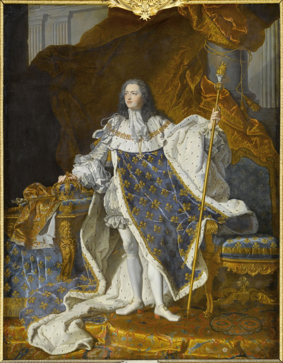 Portrét Ludvíka XV v jeho královském kostýmu od Hyacinthe François Honoré Rigaud