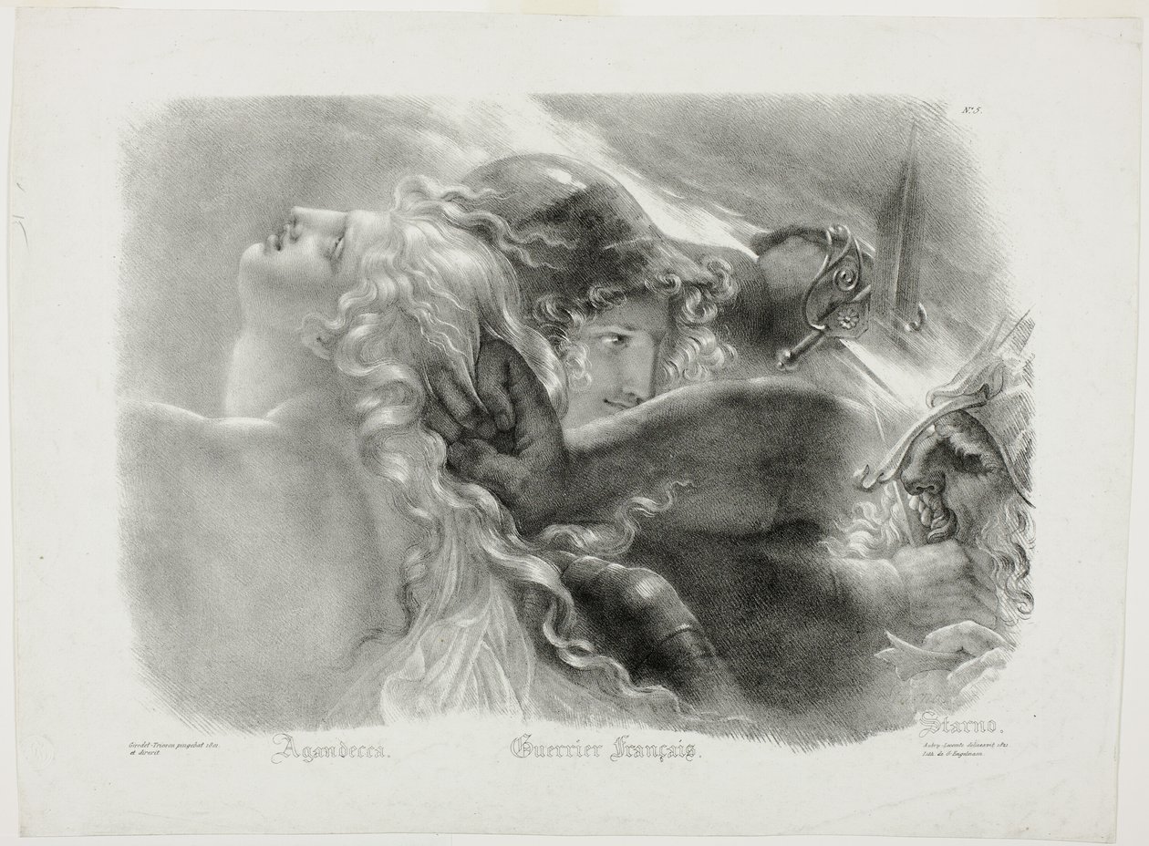 Agandecca, francouzský válečník, Starno, podle knihy Apoteóza francouzských hrdinů, kteří zemřeli za vlast ve válce za svobodu. od Hyacinthe Louis Aubry Lecomte