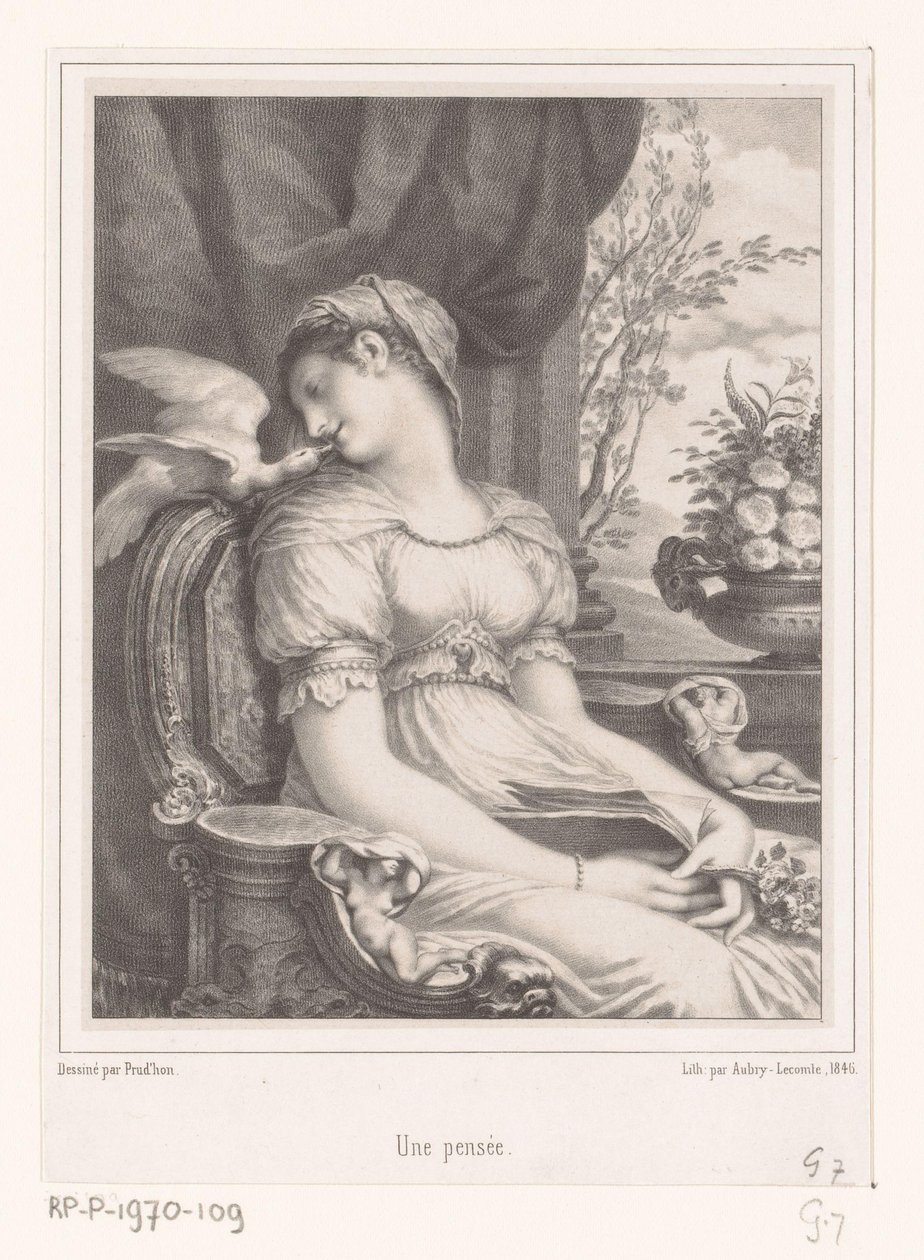 Sedící žena s knihou a bílým ptákem Une pensée (název na předmětu) od Hyacinthe Louis Victor Jean Baptiste Aubry Lecomte