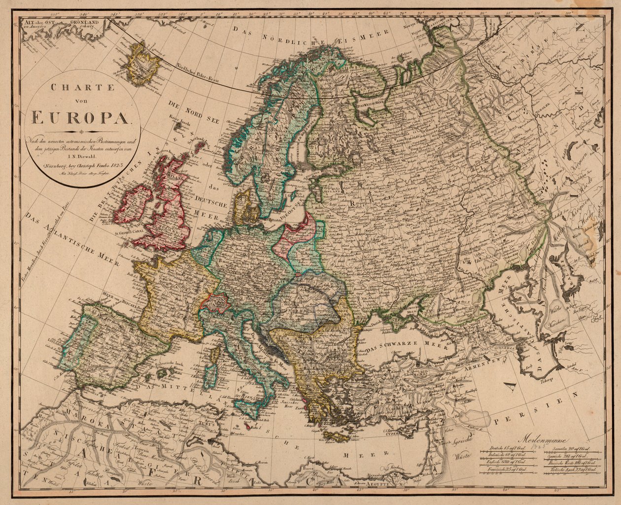 Mapa byla publikována v Norimberku od Christopha Femba (1823) a ukazuje Evropu od I. N. Diewald