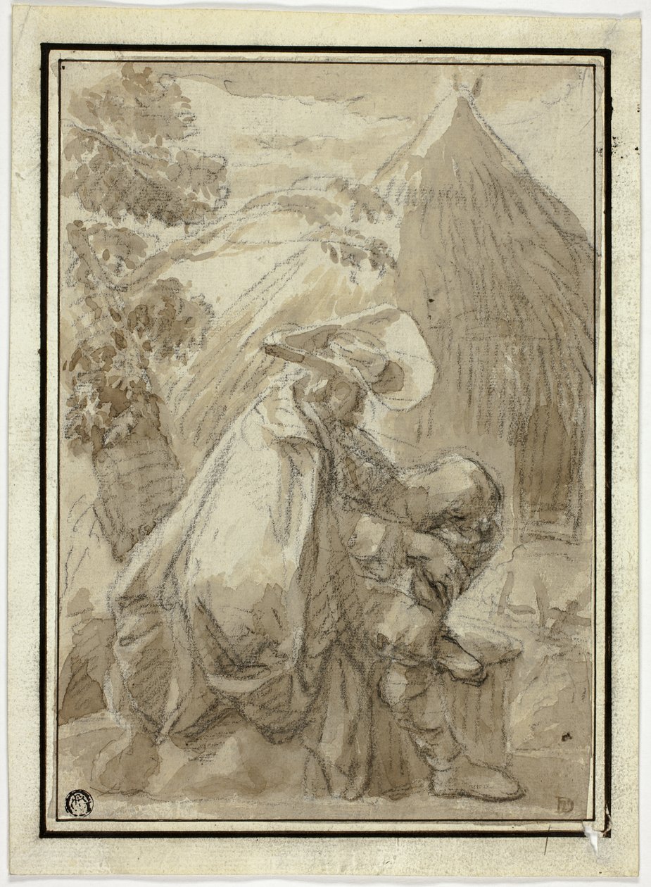 Sedící muž v plášti od Thatched Hut od III Follower of Herman Saftleven