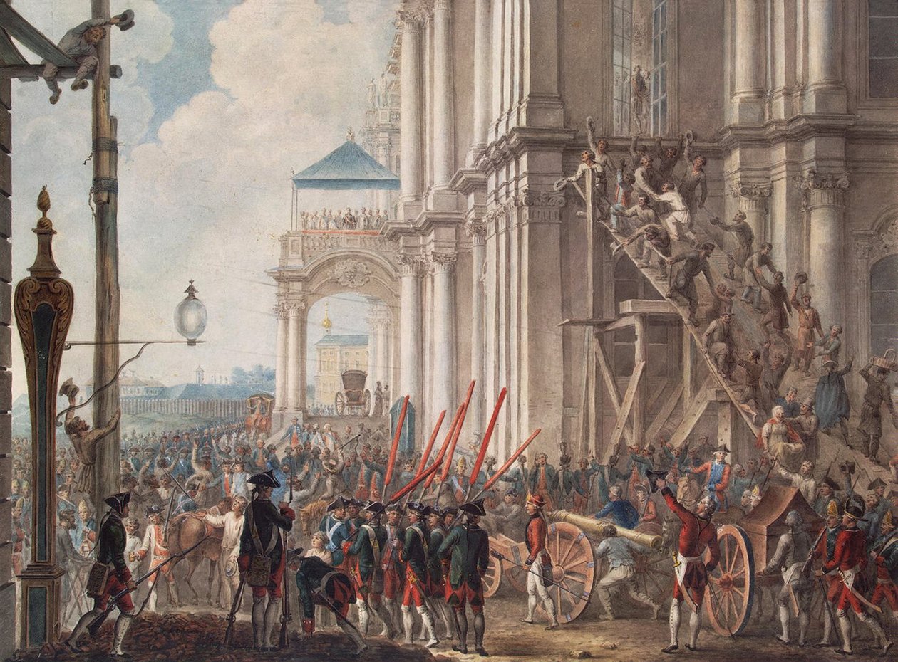Kateřina II. na balkóně Zimního paláce, pozdravena strážemi a lidmi v den palácové revoluce, 28. června 1762 od I.K Kaestner