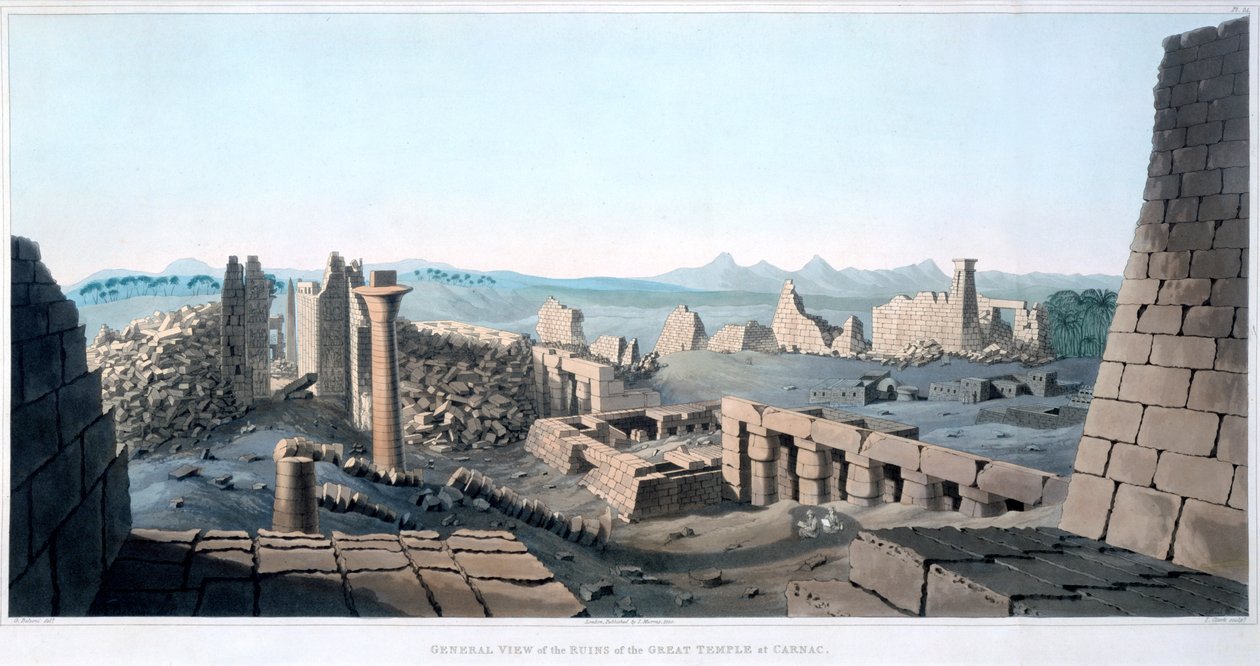 Celkový pohled na ruiny Velkého chrámu v Carnacu, Egypt, 1820 od I Clark