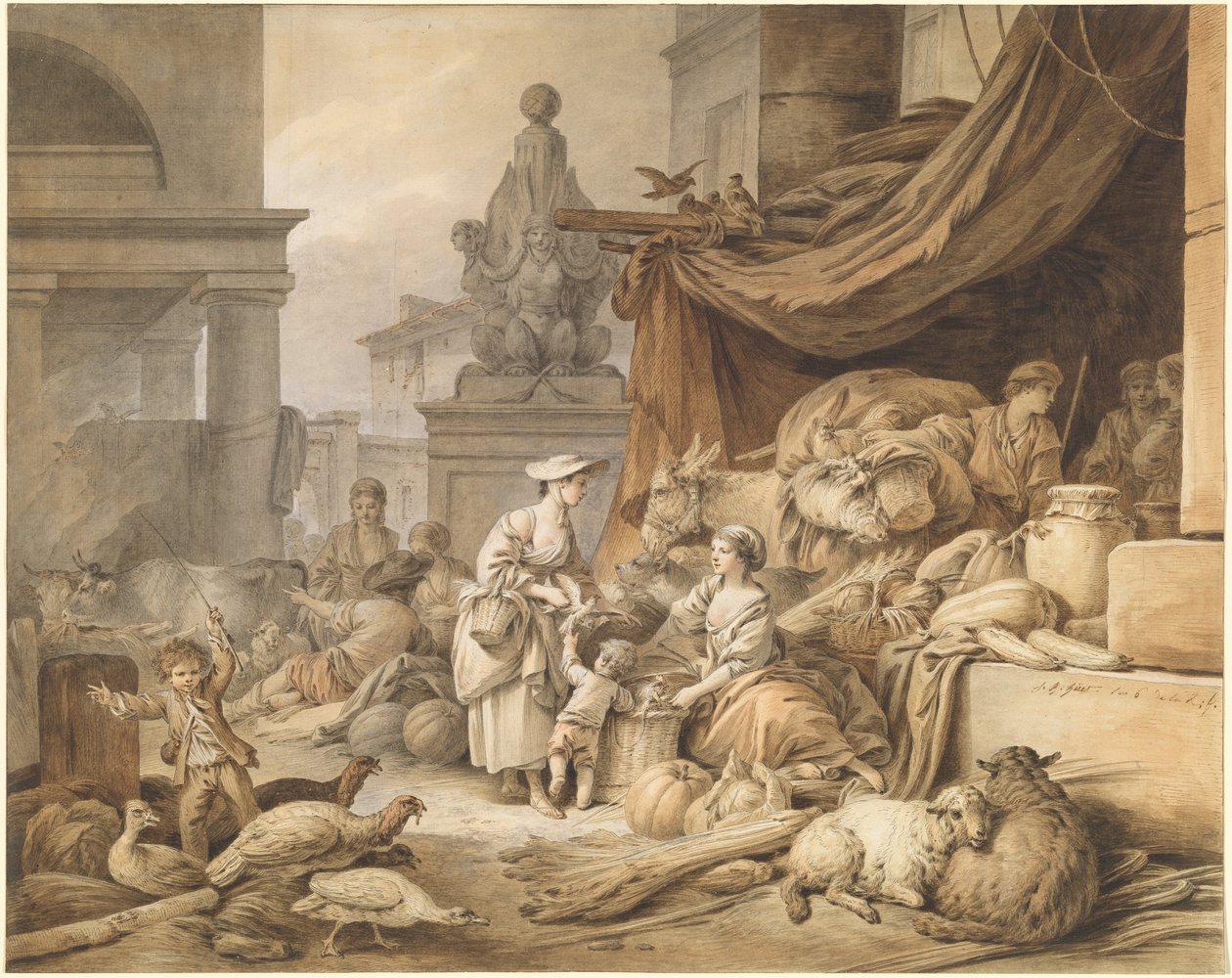 Trhová scéna s fantastickou sochou od I Jean Baptiste Hüet