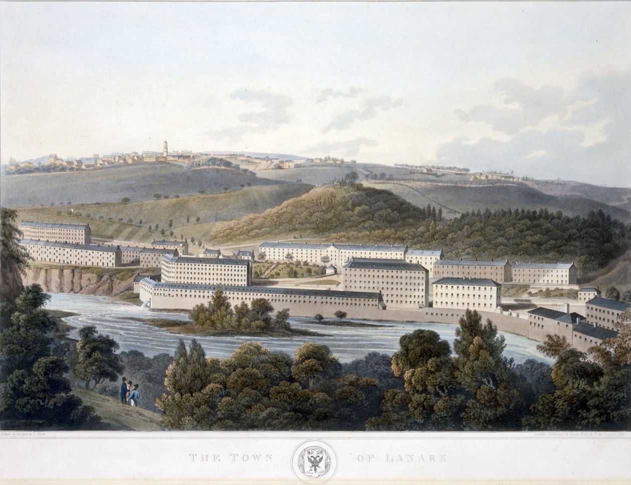 Město Lanark, z pohledu Skotska, 1824-25 (barevná akvatinta) od I after Clark