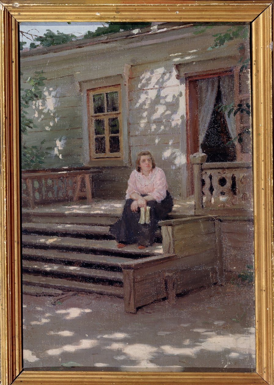 Na verandě (Na verandě). Žena sama sedí na schodech před domem a zdá se, že na někoho čeká. Obraz Jakova Jakovleviče Kaliničenka (1869-1938), olej na plátně od Iakov Kalinichenko