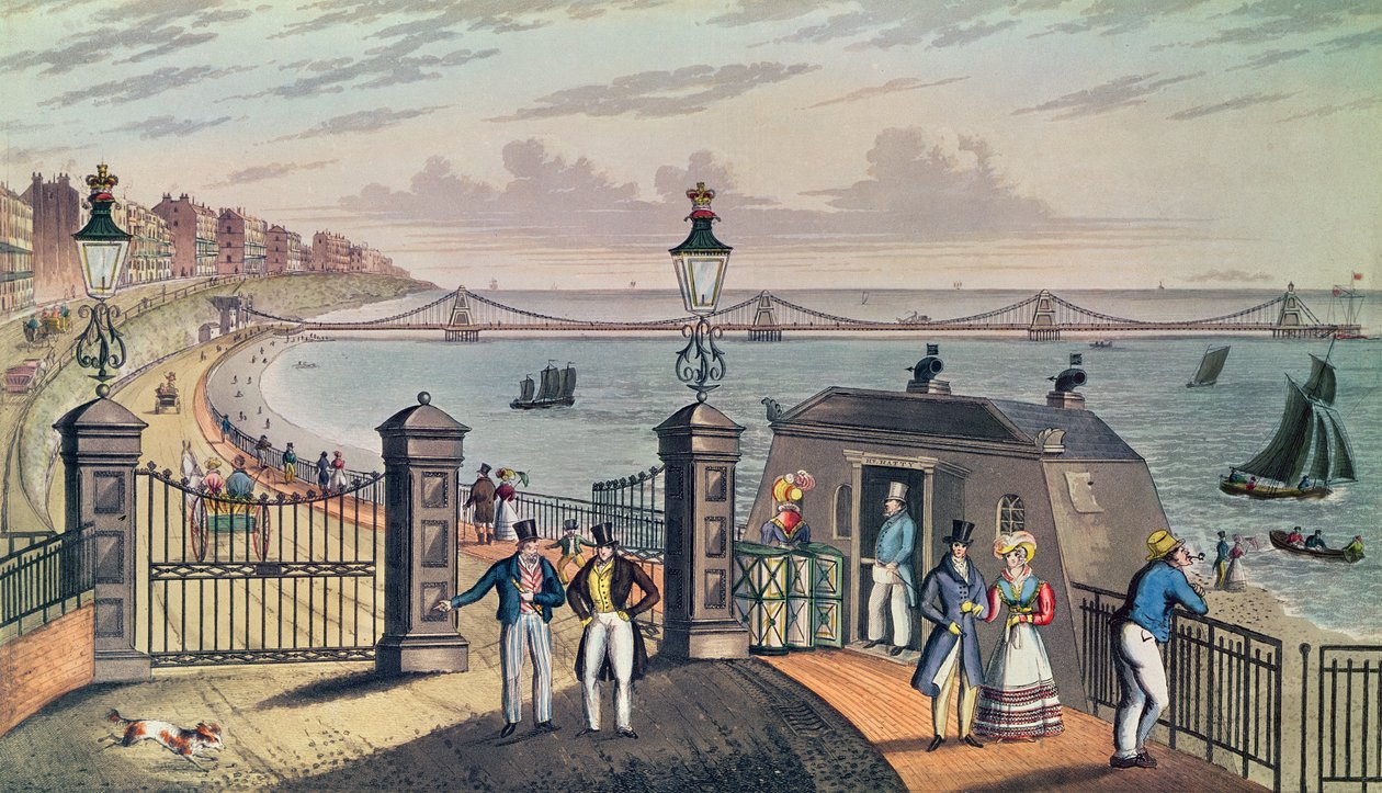Chain Pier na přední straně v Brightonu, navržený a postavený kapitánem S. Brownem R.N. v roce 1823, vyryto a vydáno umělcem (barevný tisk) od Ian Bruce