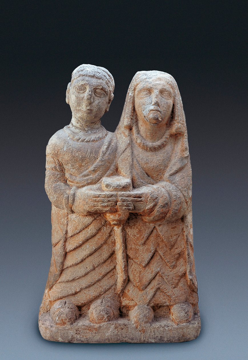 Anic art: pár přinášející oběť. Kamenná socha, 3. století před naším letopočtem Národní muzeum archeologie v Madridu. od Iberian