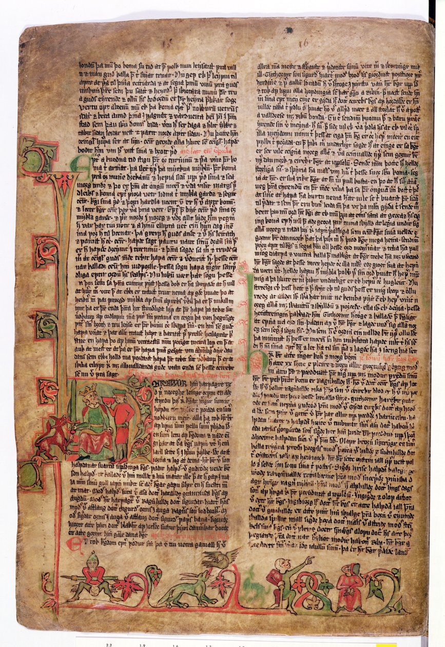 Historizovaná iniciála D na začátku Ságy o Olafu Tryggvasonovi, z Flateyjarbok (Knihy o Flateyovi), konec 14. století. od Icelandic School