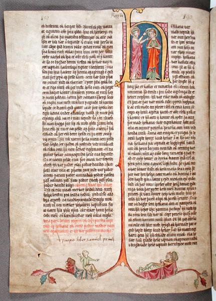 Historická iniciála „H“ na začátku Knihy Samuelovy, ze „Stjorn“ („Governance“) (vellum) od Icelandic School