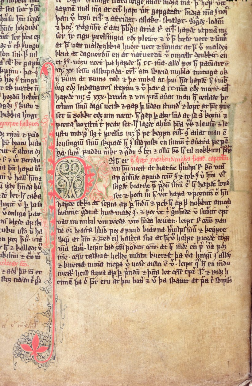 Historizovaná iniciála P na začátku Ságy o Gróňanech, z Flateyjarbok (Kniha o Flateyovi), konec 14. století. od Icelandic School