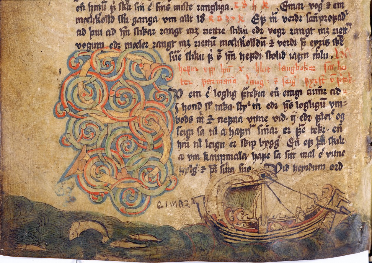 Historická iniciála S, z kopie původní sbírky zákonů Jonsbok ze 13. století od Icelandic School