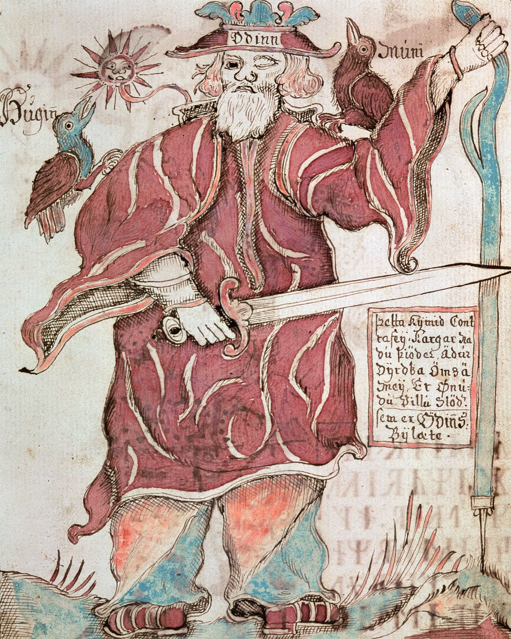 Odin se svými dvěma vránami, Huginem (myšlenka) a Muninem (paměť) od Icelandic School