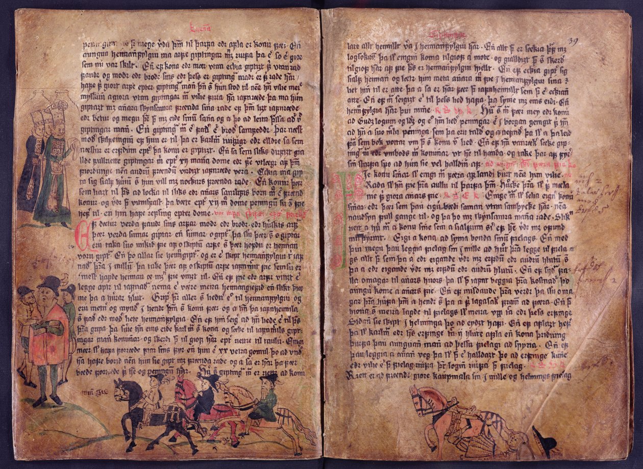 Dvě ilustrované stránky z kopie původní sbírky zákonů Jonsbok ze 13. století od Icelandic School