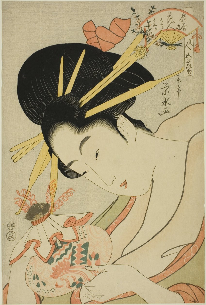 Kurtizána Hanahito z Ogiya a doprovod Sakura a Momiji ze série „Krásy pěti festivalů (Bijin gosekku)“ od Ichirakutei Eisui