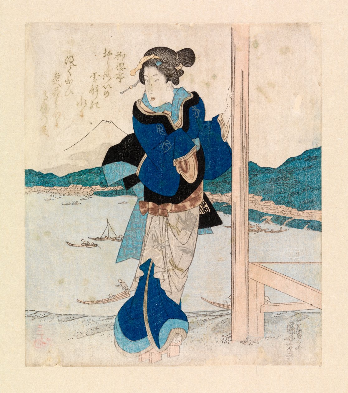 Gejša na balkóně pavilonu třešní, kolem 1830 (barevný dřevoryt) od Ichiyusai Kuniyoshi