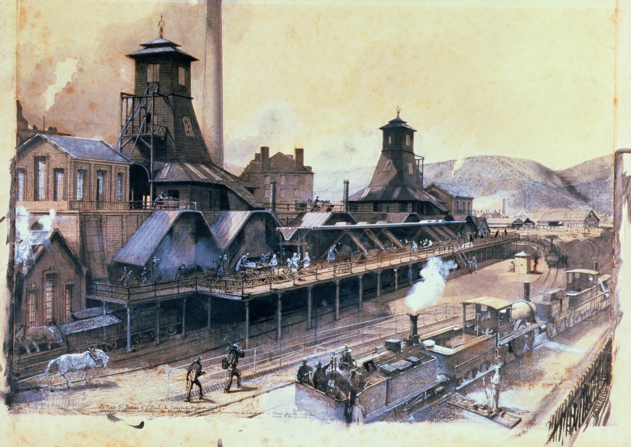 Pits of St. Pierre und St. Paul at Le Creusot, 1866 (inkoust a kvaš na papíře) od Ignace Francois Bonhomme