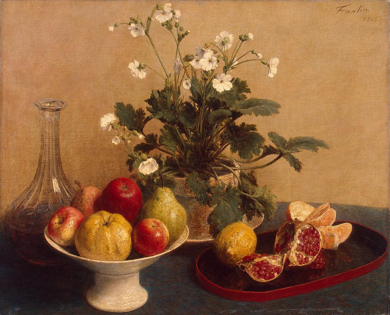 Květiny, miska s ovocem a karafa, 1865 od Ignace Henri Jean Fantin Latour