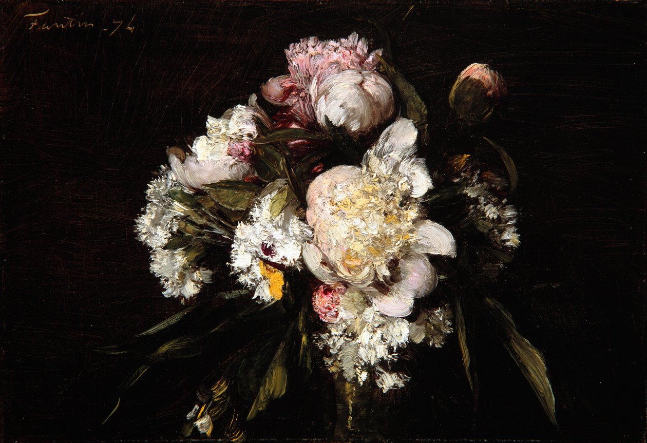 Pivoňky, bílé karafiáty a růže, 1874 od Ignace Henri Jean Fantin Latour