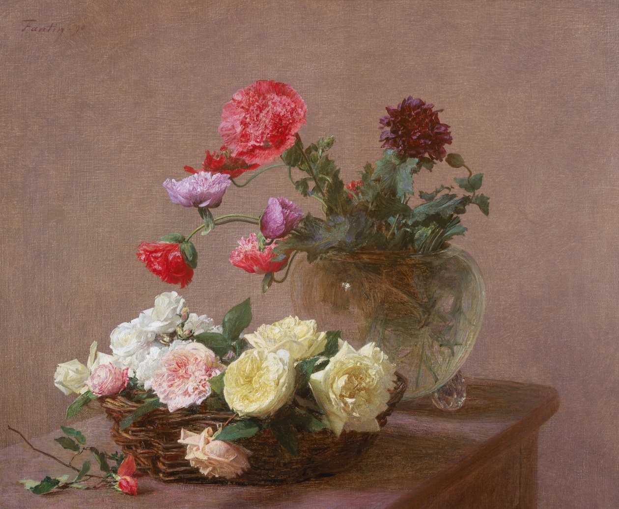Vlčí máky v křišťálové váze nebo košík růží, 1890 od Ignace Henri Jean Fantin Latour