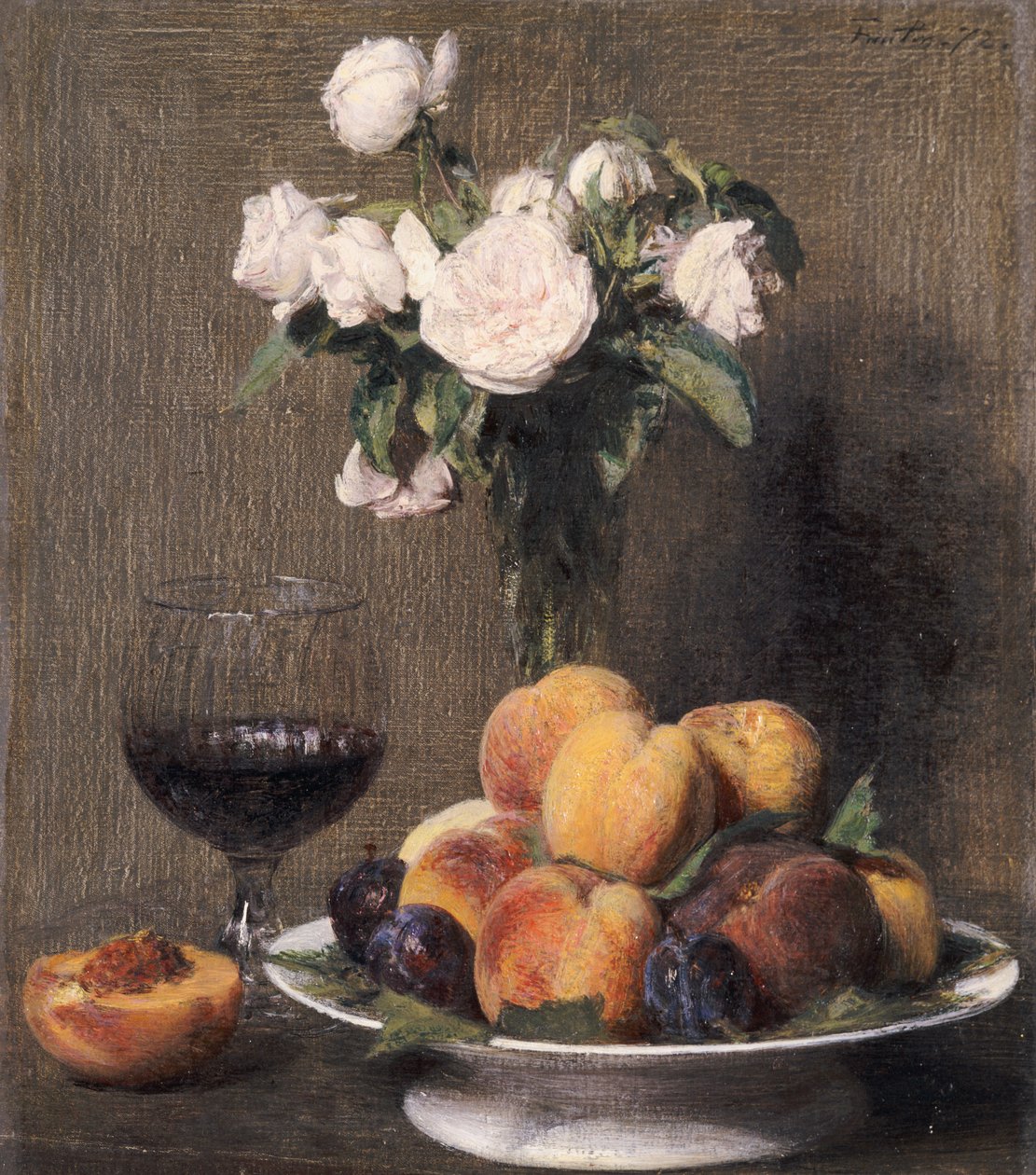 Zátiší s růžemi, ovocem a sklenkou vína, 1872 od Ignace Henri Jean Fantin Latour