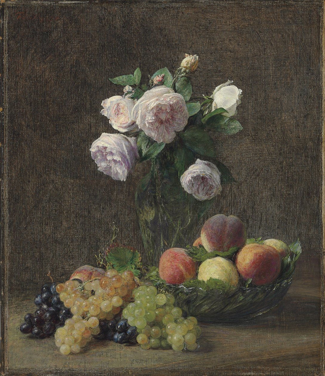 Váza s růžemi, broskvemi a hrozny, 1894 od Ignace Henri Jean Fantin Latour