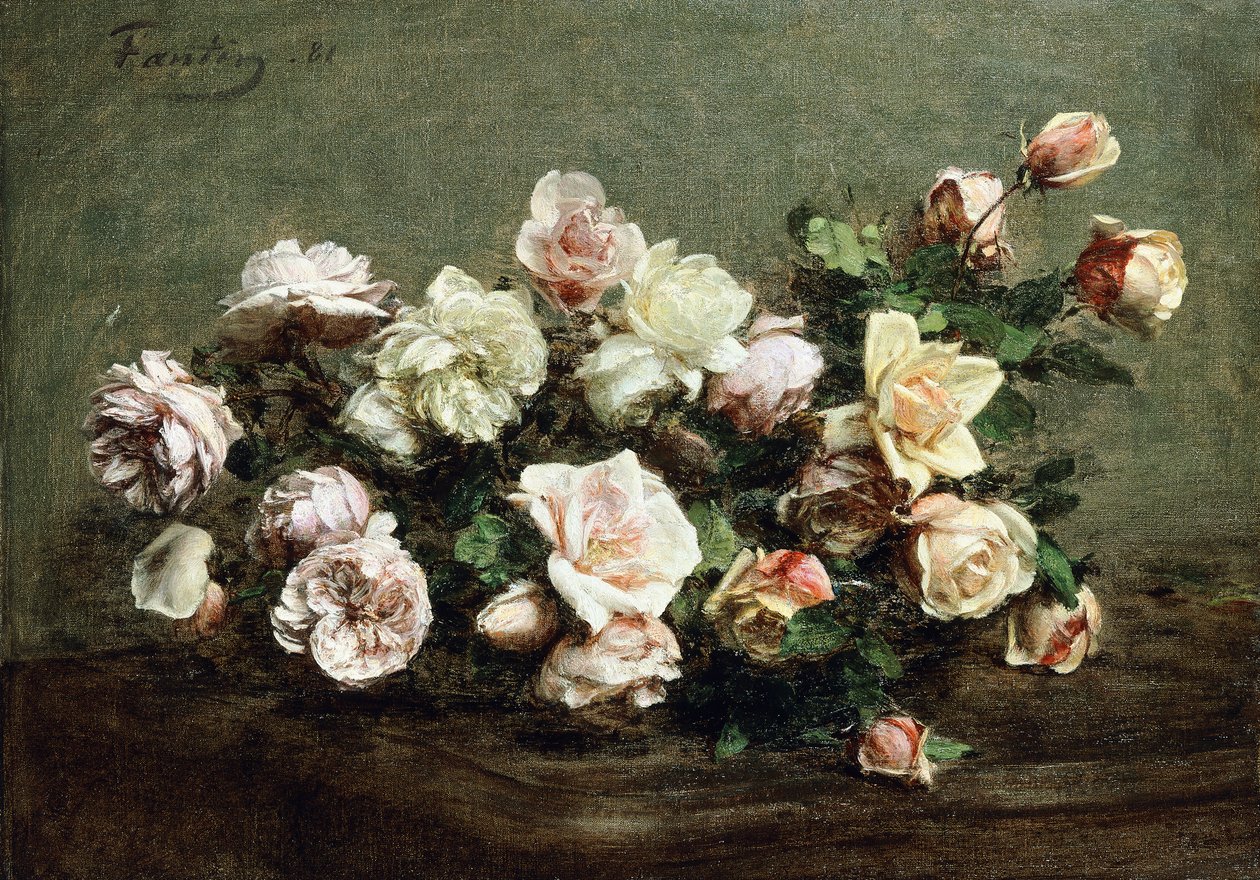 Váza bílé růže na stole; Váza s bílými a růžovými růžemi na stole, od Ignace Henri Jean Fantin Latour
