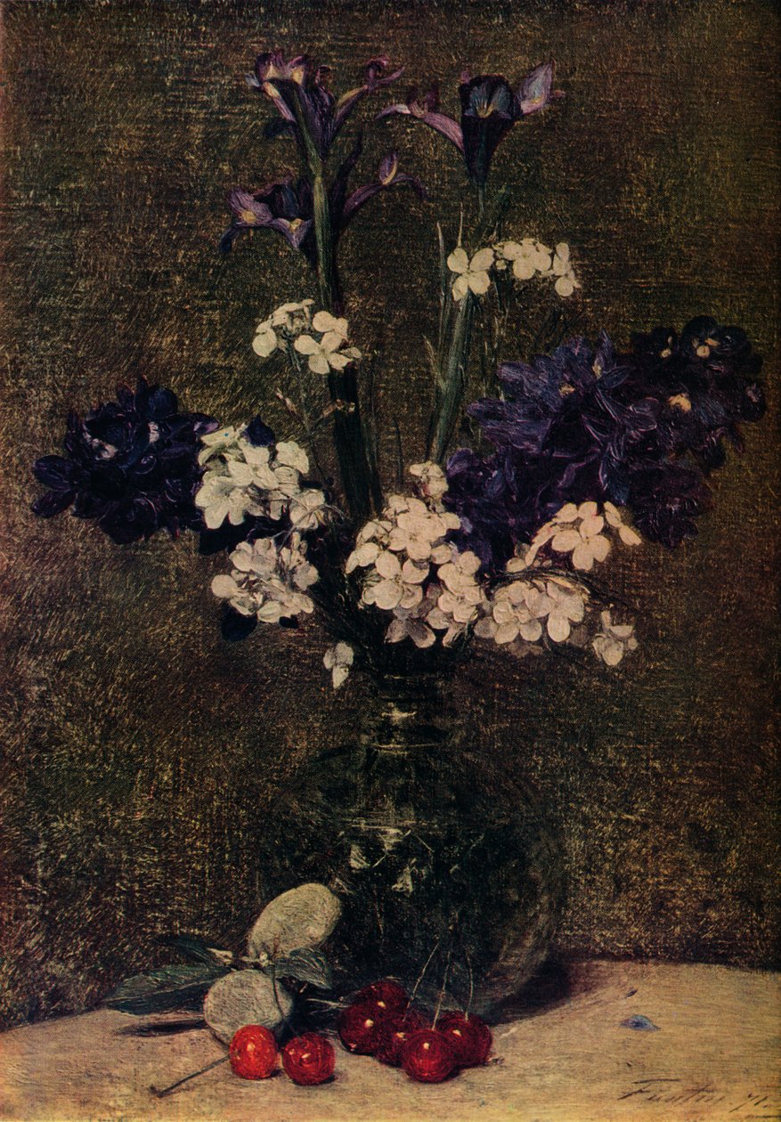 Váza s květinami, s třešněmi a mandlemi na stole, Nature morte, kosatce, hybridy Delphinium a od Ignace Henri Jean Fantin Latour